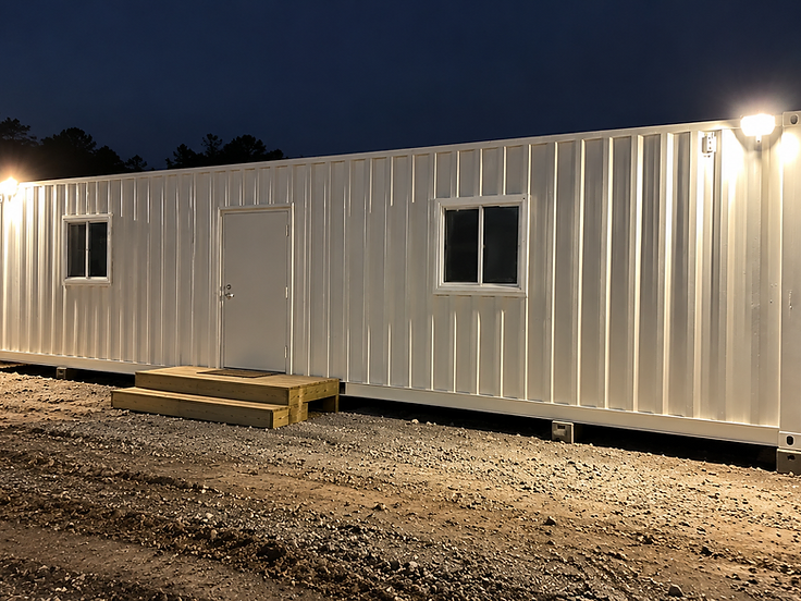 White container job-site office with entry steps and flood lights, photographed at night