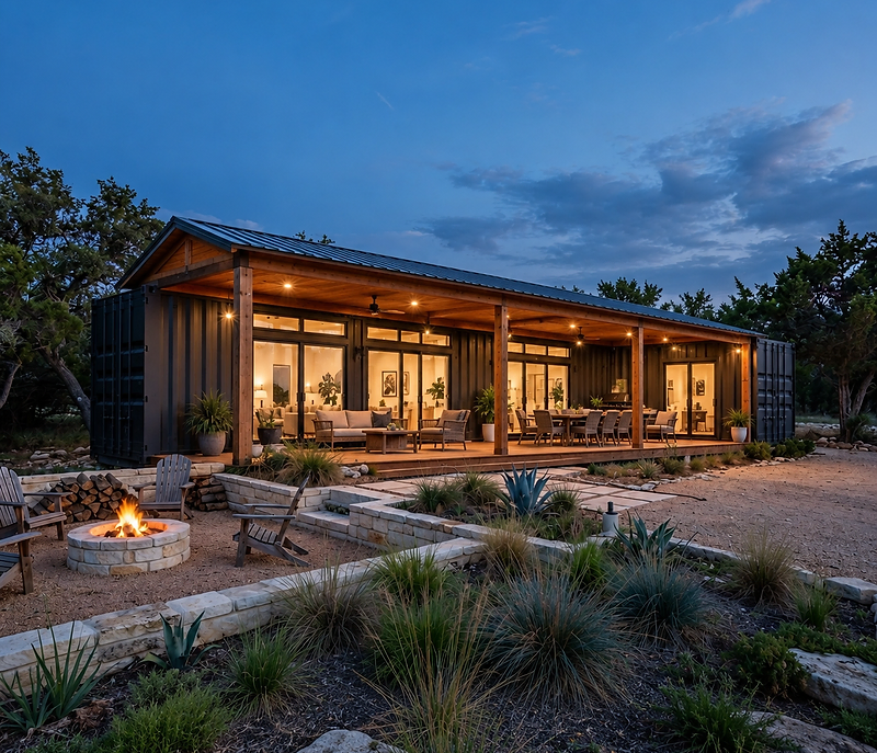Full-time container home with a long covered patio running parallel to the container, glowing at twilight with a stone fire pit and native landscaping