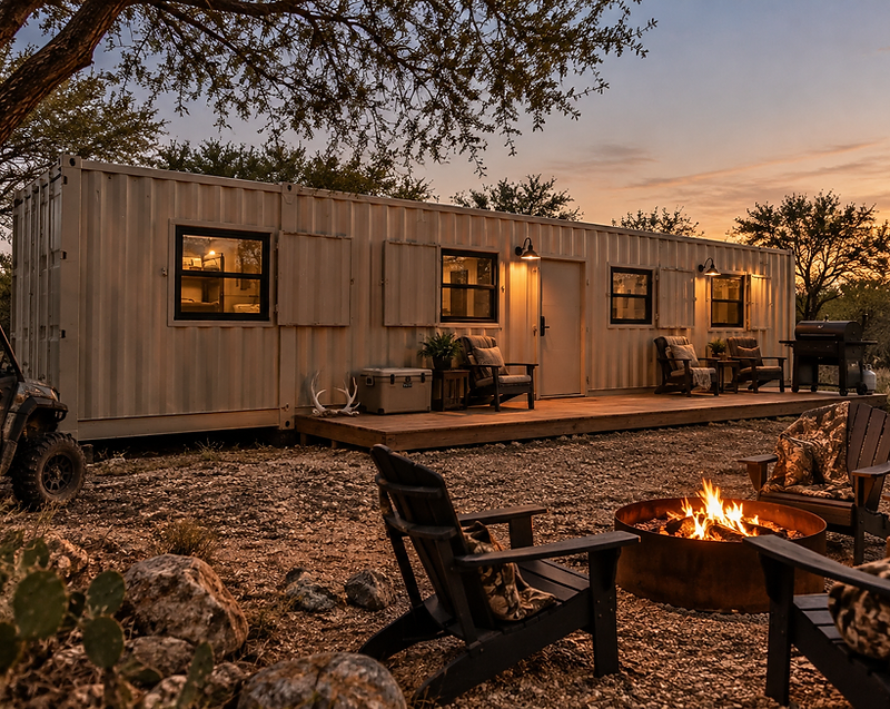 Container hunting cabin at sunset with a fire pit, deck, and UTV on a Texas ranch