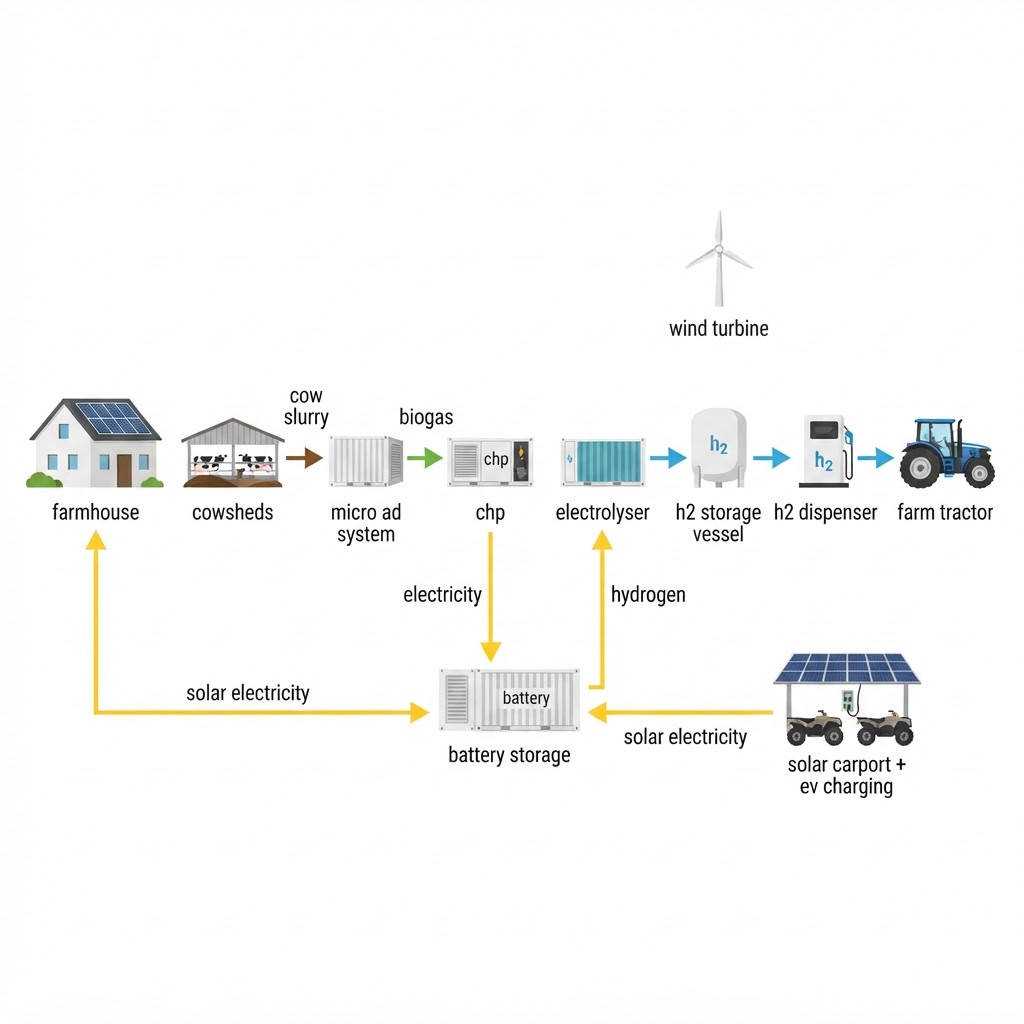 Diagram of the integrated farm microgrid energy flow: rooftop solar PV on farmhouse and outbuildings, slurry pit feeding a micro anaerobic digestion system and CHP, small wind turbine, central battery storage, solar carport with EV charging for quad bikes, electrolyser producing hydrogen, and hydrogen dispenser refuelling a hydrogen-converted farm vehicle