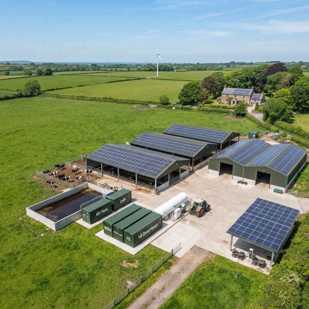 Aerial view of a sustainable farm microgrid with farmhouse and wind turbine in the distance, two cowsheds plus storage and workshop with rooftop solar, fenced cow gateway, slurry pit feeding AD Plant and CHP containers, BESS/Electrolyser/H2 Compressor block with H2 vessel refuelling a tractor, and a solar carport charging quad bikes
