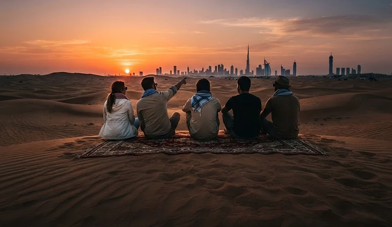 Guests watching the sunset from a red dune in Dubai