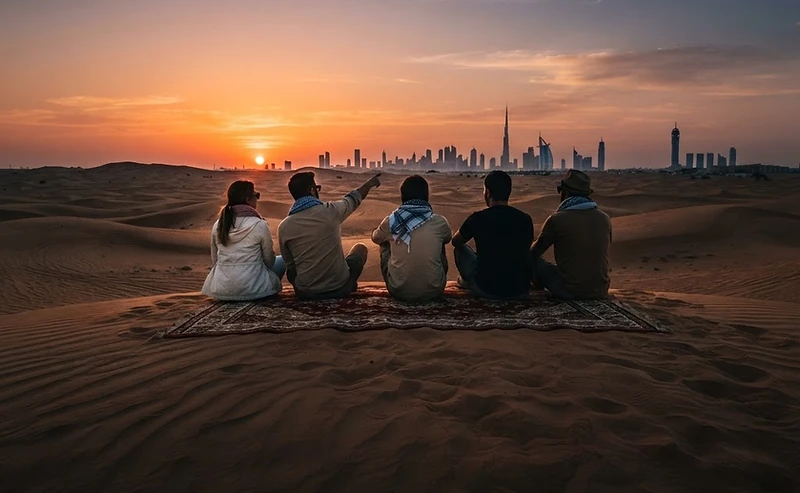 Guests watching the sunset from a red dune in Dubai
