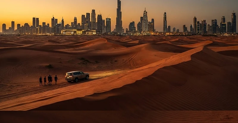 Red desert dunes with Burj Khalifa and the Dubai skyline at sunset