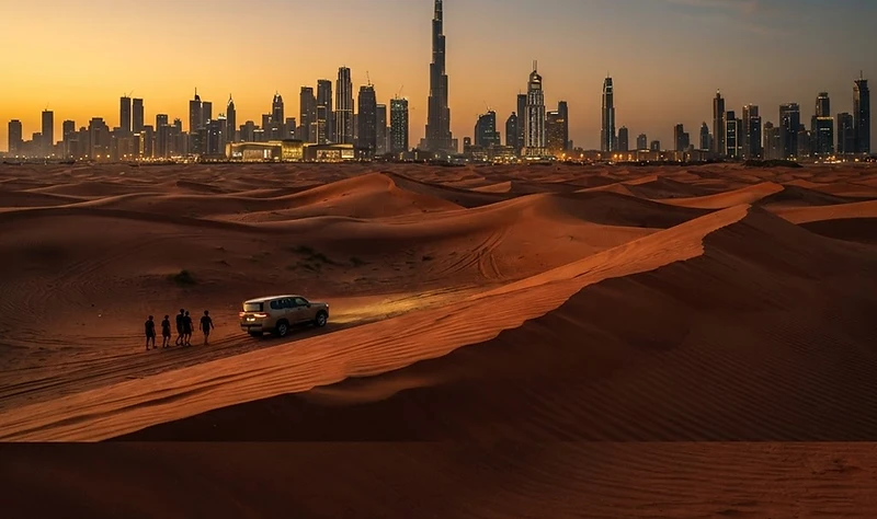 Red desert dunes with Burj Khalifa and the Dubai skyline at sunset