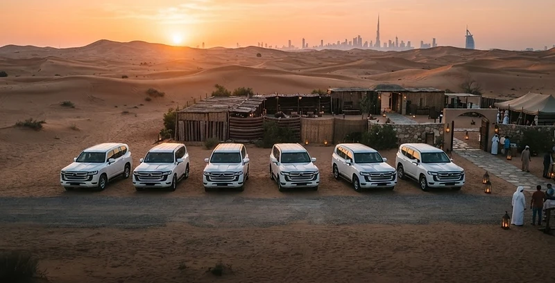 Fleet of white Land Cruisers at a desert camp at sunrise
