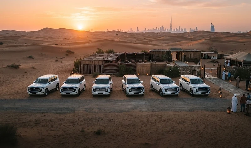 Fleet of white Land Cruisers at a desert camp at sunrise