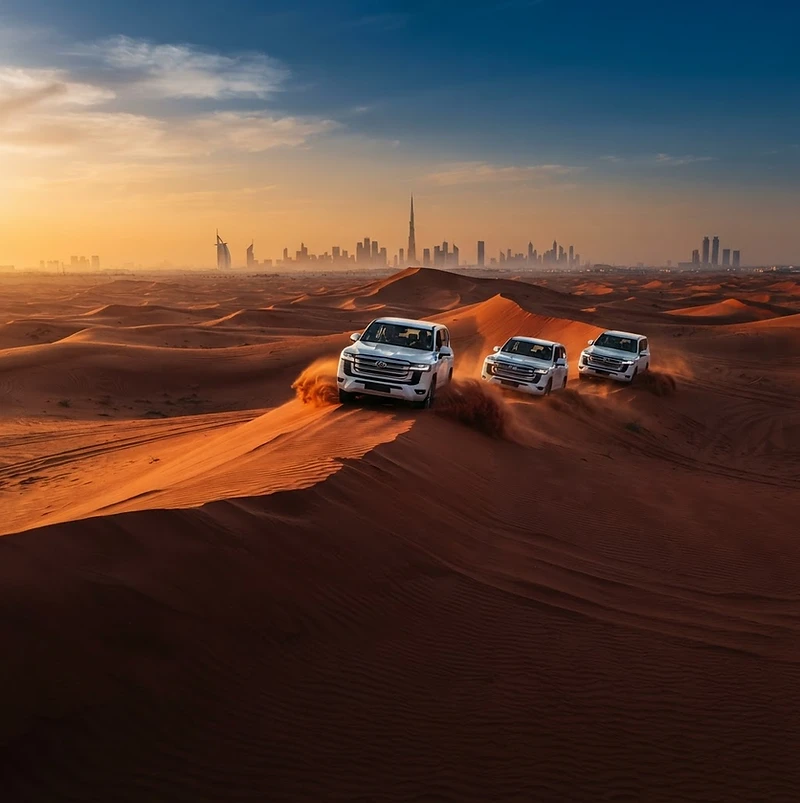 Land Cruisers crossing red dunes at sunset with the Dubai skyline on the horizon