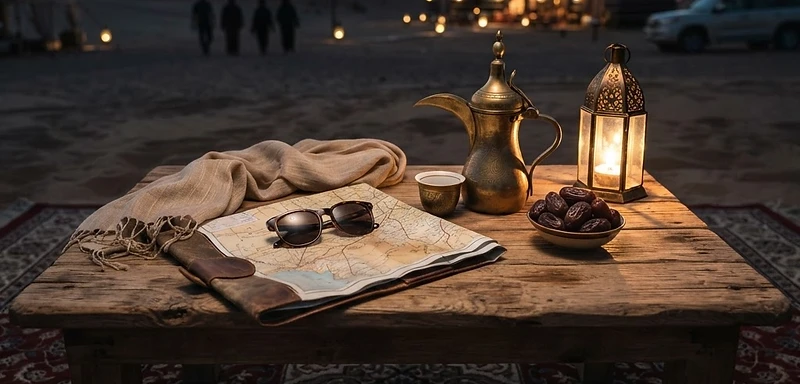 Desert trip essentials laid out on a table at a Dubai desert camp