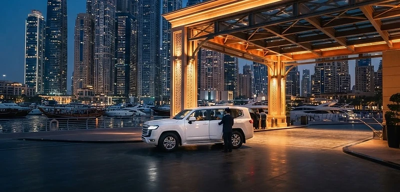 Safari pickup car waiting at a Dubai Marina hotel at dusk