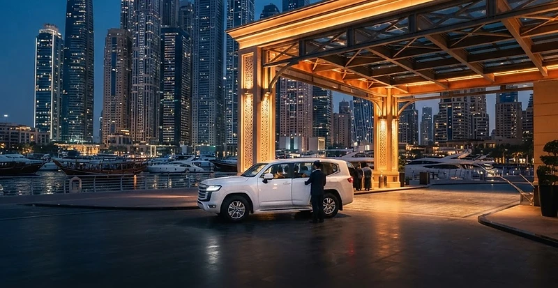 Safari pickup car waiting at a Dubai Marina hotel at dusk