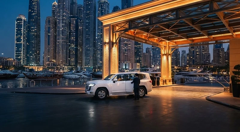 Safari pickup car waiting at a Dubai Marina hotel at dusk