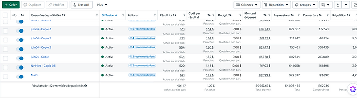 Capture Meta Ads Manager — totaux : 40 147 achats sur site Web, 1,27 $ par achat, 50 952,67 $ dépensés, 54 098 455 impressions.