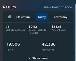Capture Meta Ads Manager — 75 achats sur site Web, 0,52 $ par achat et 38,63 $ dépensés.