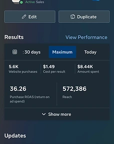 Capture Meta Ads Manager — 5,6 K achats, 1,49 $ par achat, 8,44 K$ dépensés et purchase ROAS de 36,26.