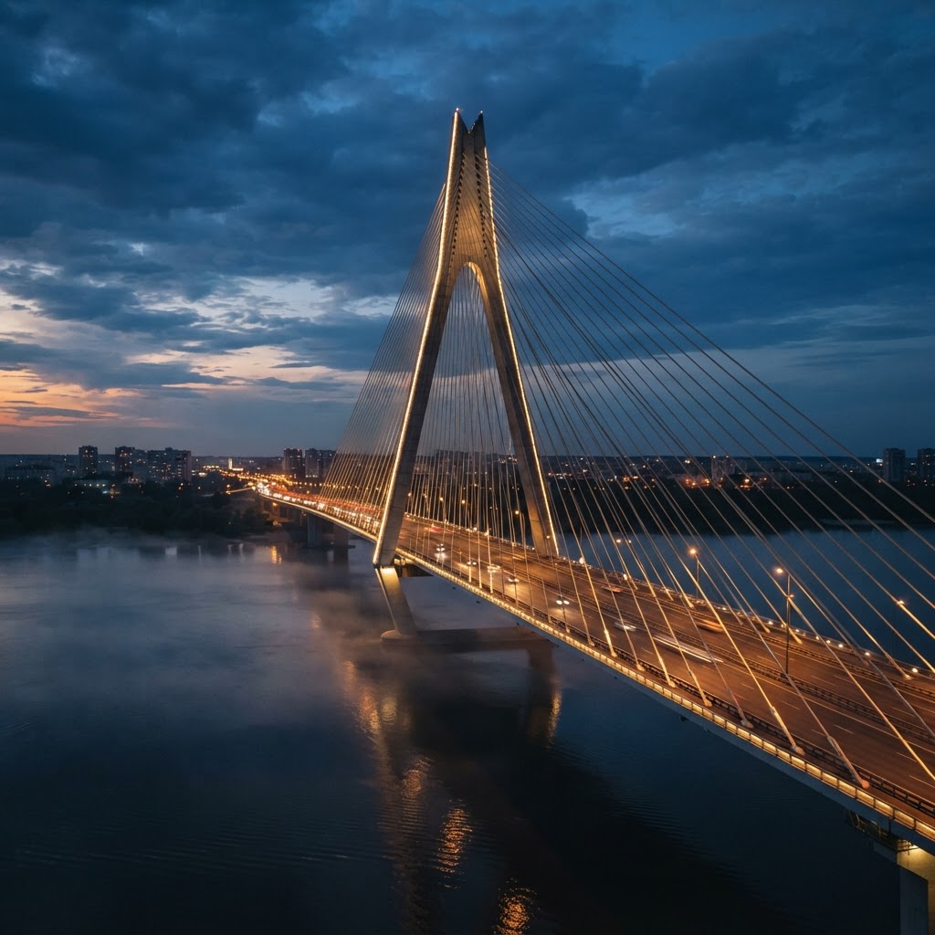 Monumental cable-stayed bridge converging toward a single vertex at blue hour
