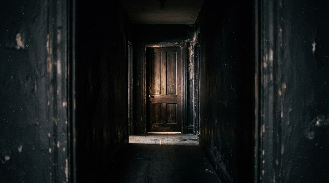 Una porta chiusa in fondo a un corridoio buio