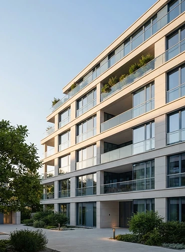 Immeuble résidentiel suisse contemporain avec façades en pierre et balcons vitrés