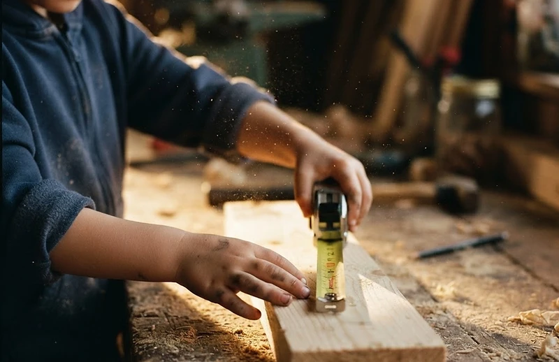 Student measuring and marking lumber with a tape measure