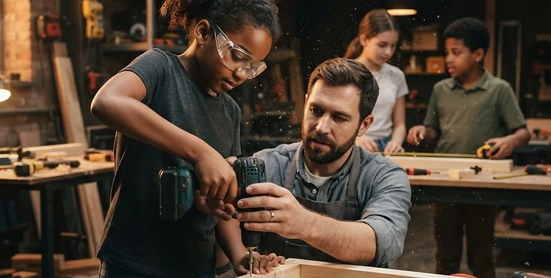 Kids building a project with real tools in a modern workshop