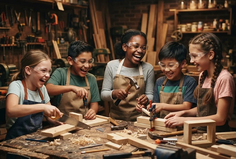 Kids building wooden projects together during a camp session