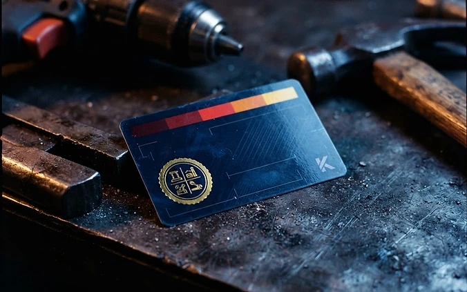 A KTA tool clearance card resting on a steel workbench