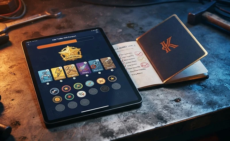 The KTA Skill Passport on a tablet beside the printed passport booklet, both carrying the academy watermark