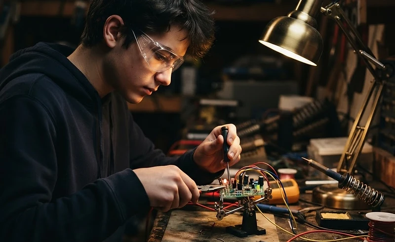 Teen wiring a circuit board during a skills session