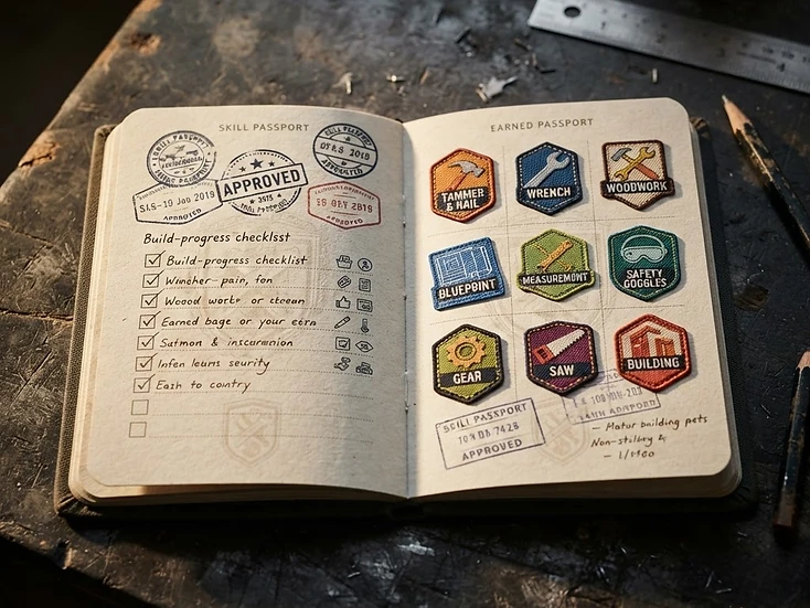 The printed KTA Skill Passport opened to a build-progress page with badge stamps and watermark