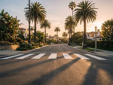 Palm-lined crosswalk in warm evening light