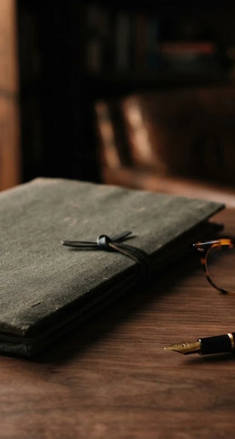 Desk with an insurance folder, reading glasses and a fountain pen in warm window light