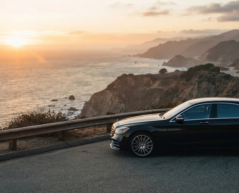 Black sedan parked safely at a Pacific Coast Highway overlook at golden hour