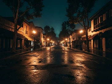 Quiet city street at night under soft streetlights