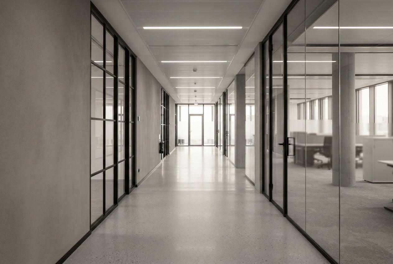 Empty modern office corridor with glass partitions in soft light