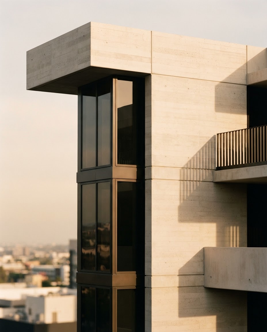 Modern concrete and glass architecture with geometric shadows