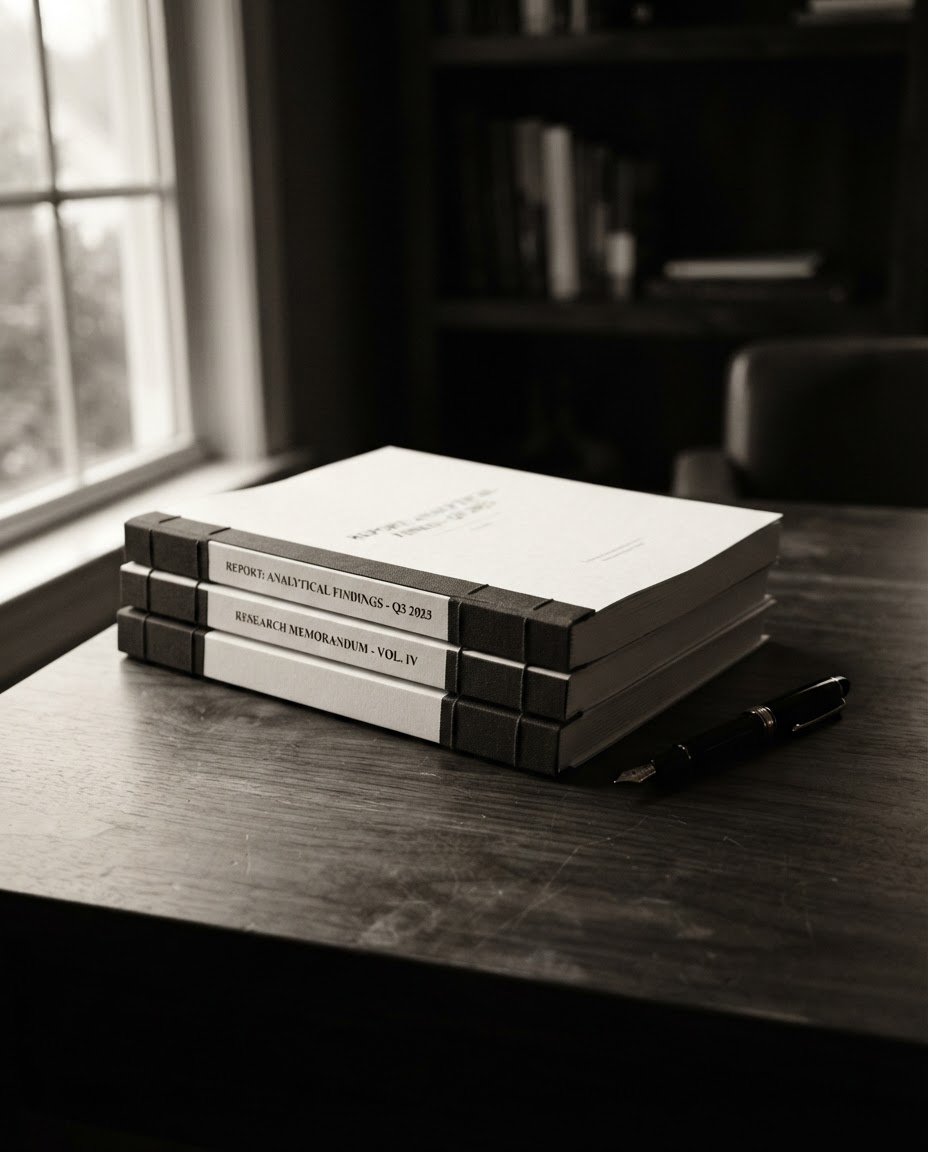 Bound legal documents and a fountain pen on a dark walnut desk in window light