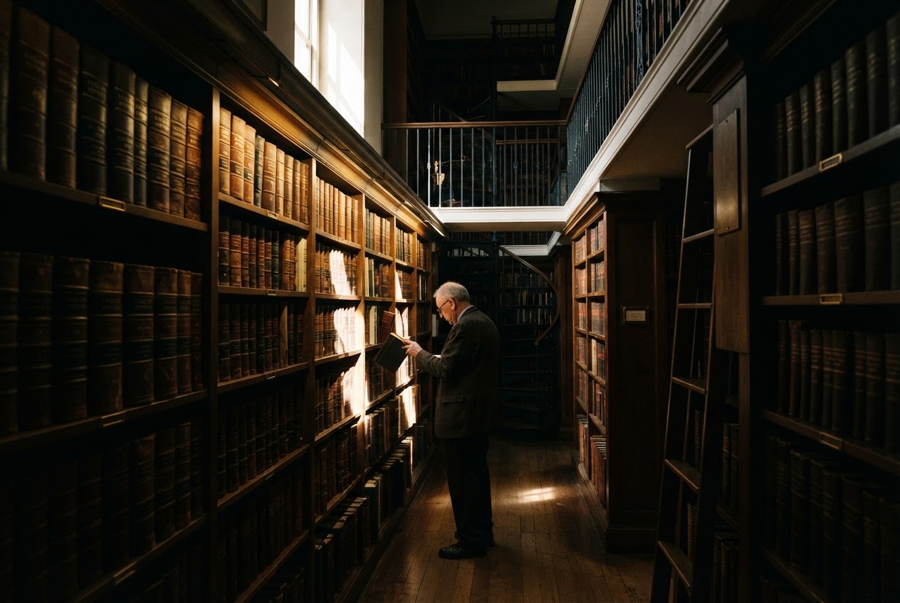Law library shelves with a beam of light