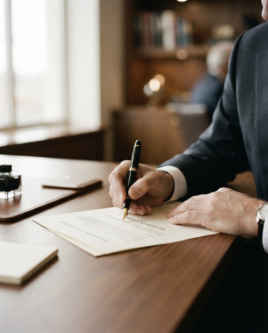 Close-up of a professional signing a document with a fountain pen
