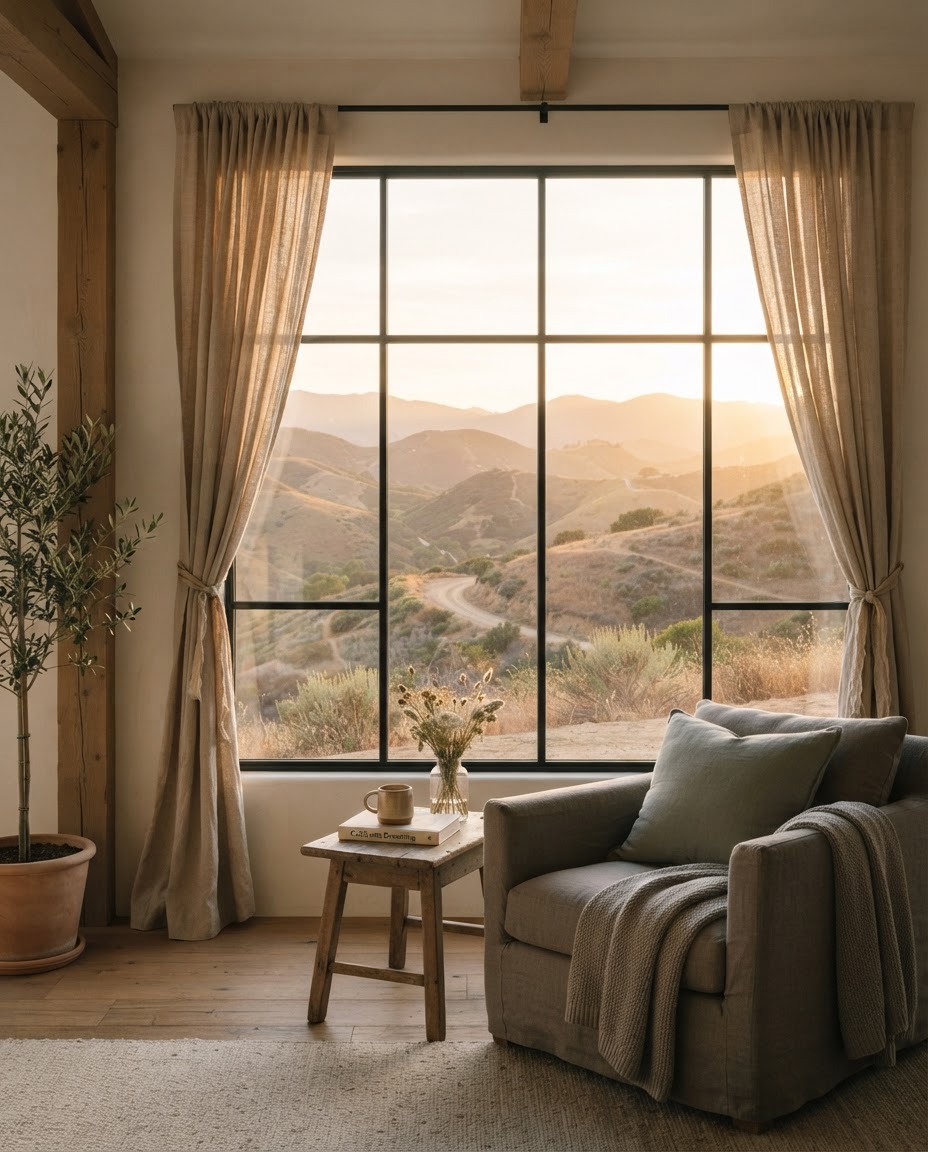 View through a window of serene rolling California hills at golden hour