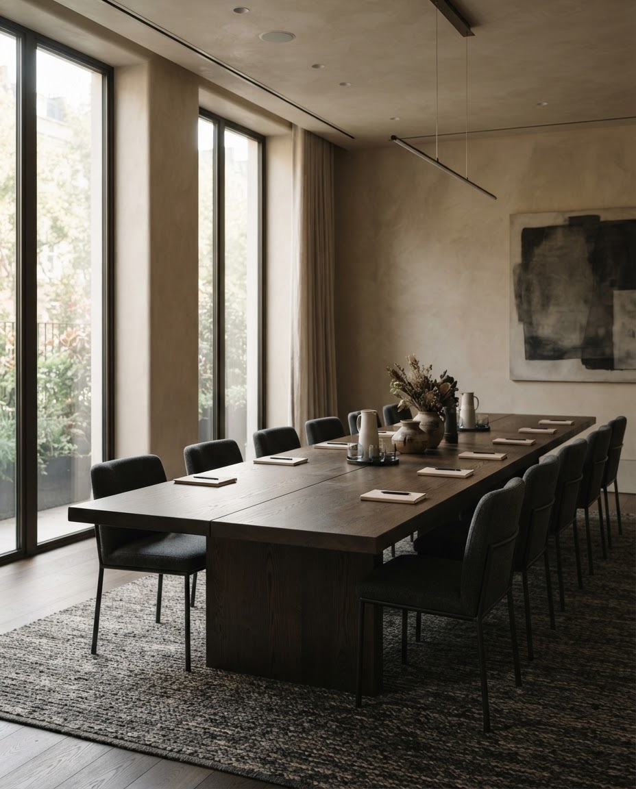 Quiet boardroom with a long oak table in soft window light