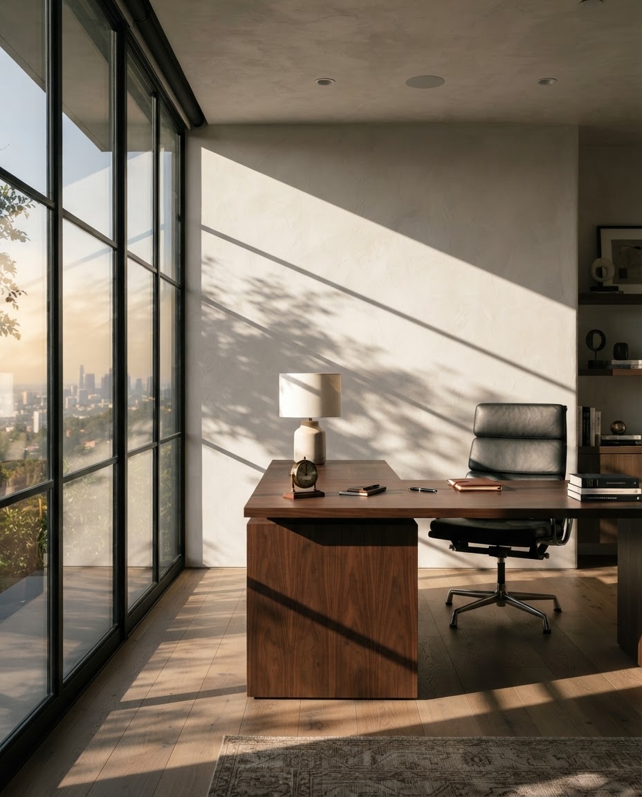 Quiet, light-filled law office with a walnut desk and leather chair