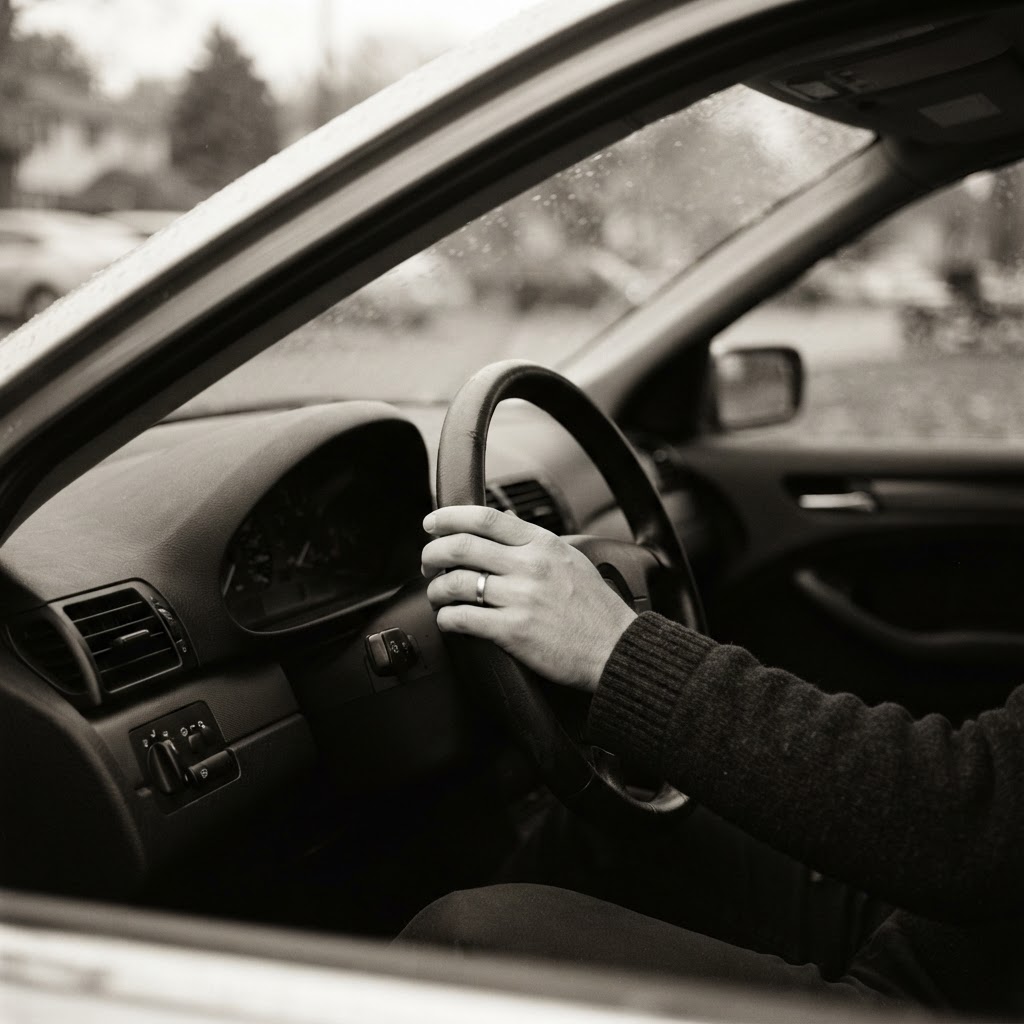 A driver’s hands resting on the steering wheel of a parked car in soft light