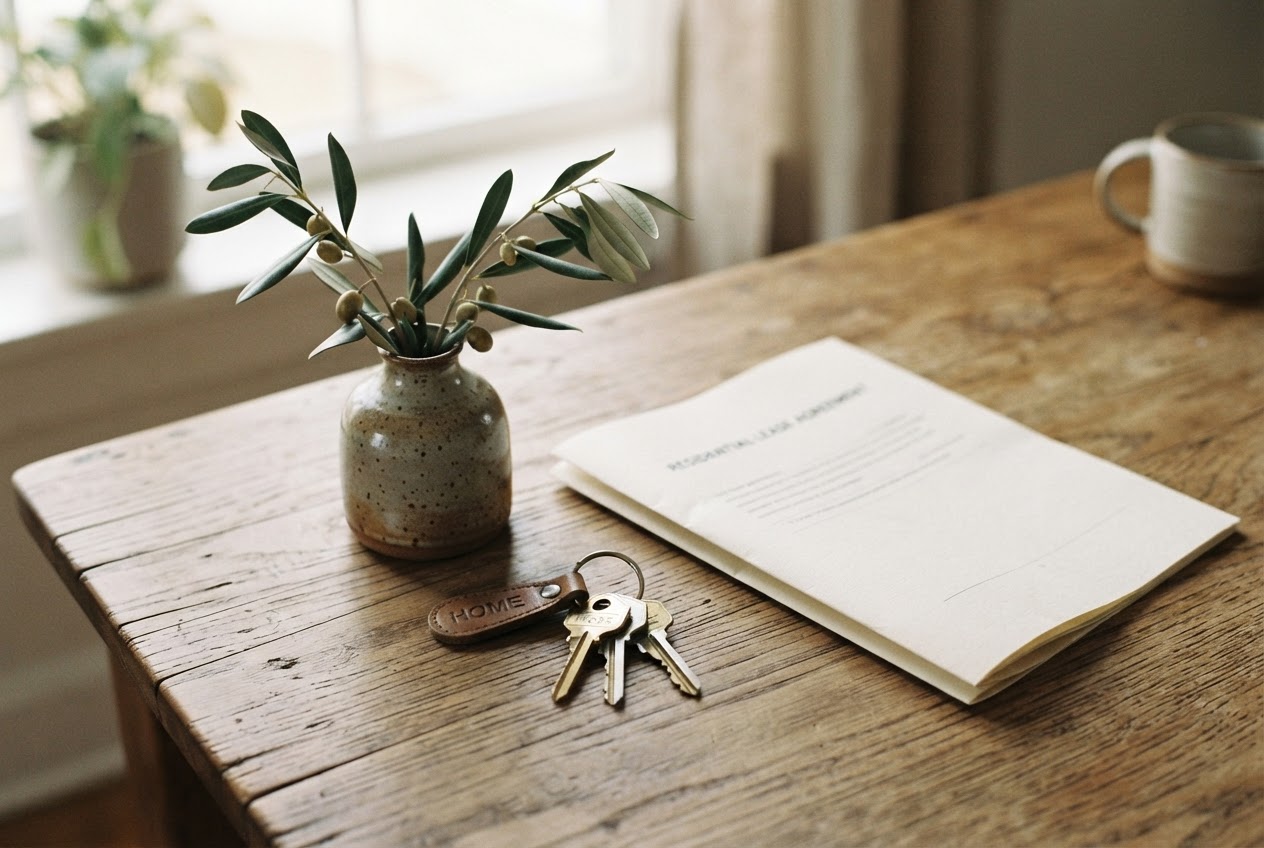 House keys and a folded document on a wooden table in morning light