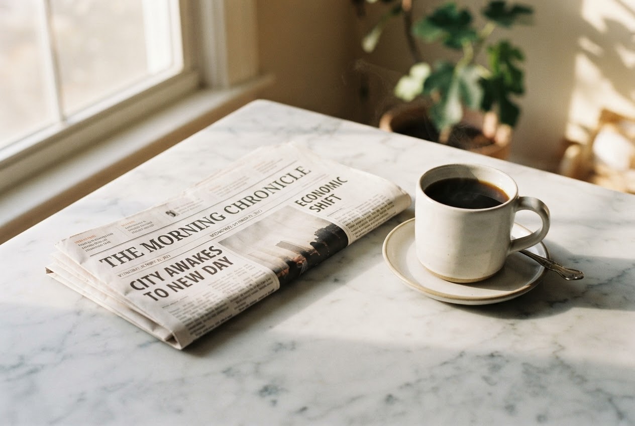 Folded newspaper and coffee on a marble table