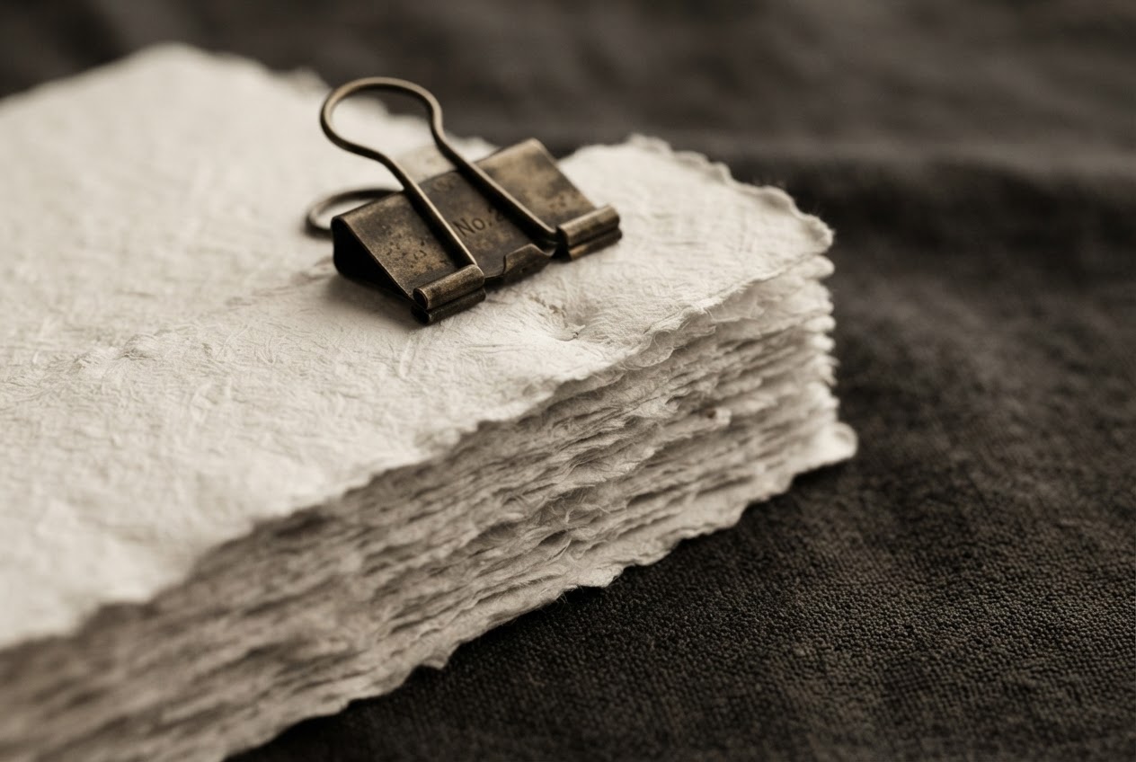 Textured paper pages held with a brass clip