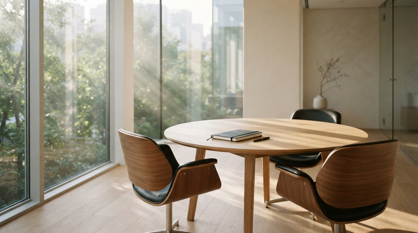 A bright, calm conference room with a round table, two chairs, and a single notebook in soft morning light