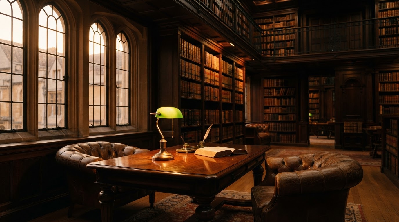 A quiet law library with dark wood shelves of leather-bound books and a green banker's lamp glowing in warm evening light