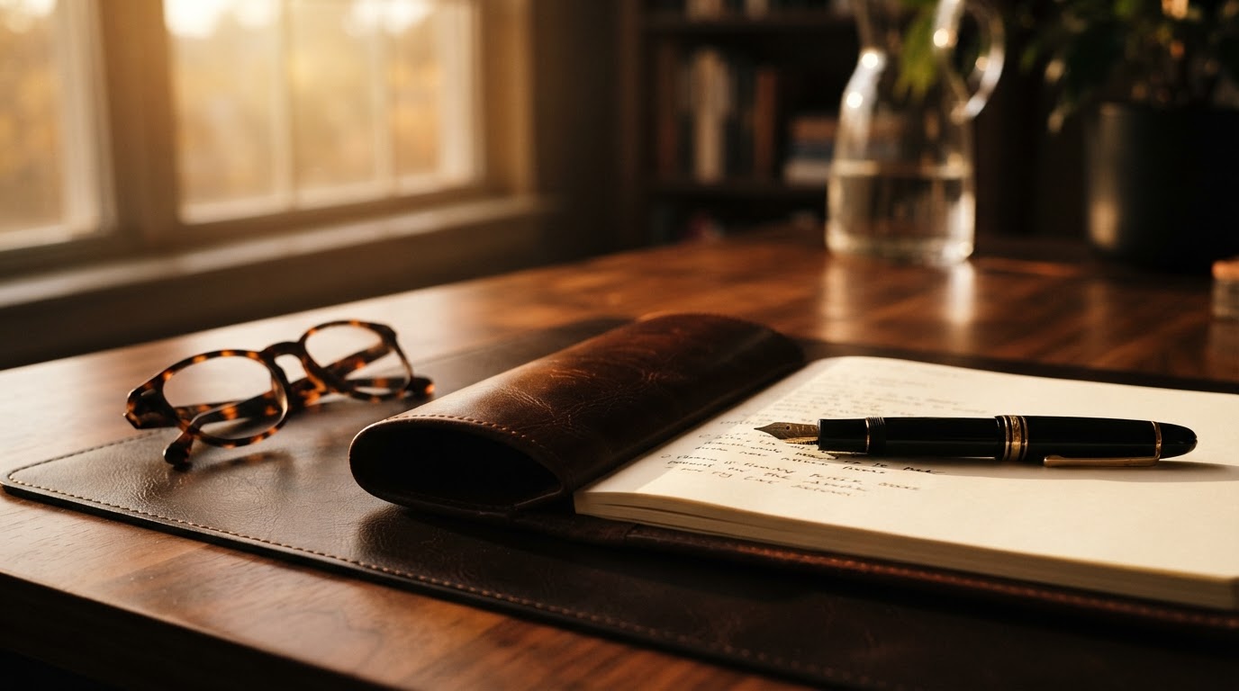 A leather notebook, fountain pen, and reading glasses on a polished desk beside a window at golden hour