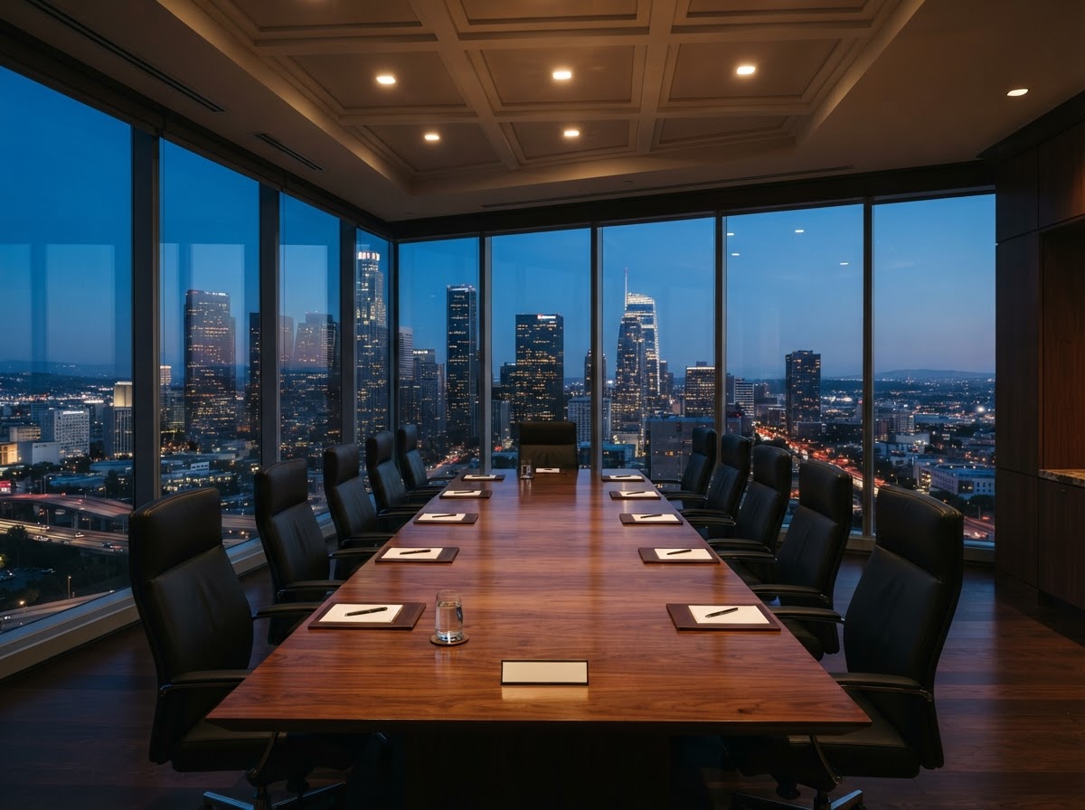A polished boardroom table with leather chairs overlooking the downtown Los Angeles skyline at dusk