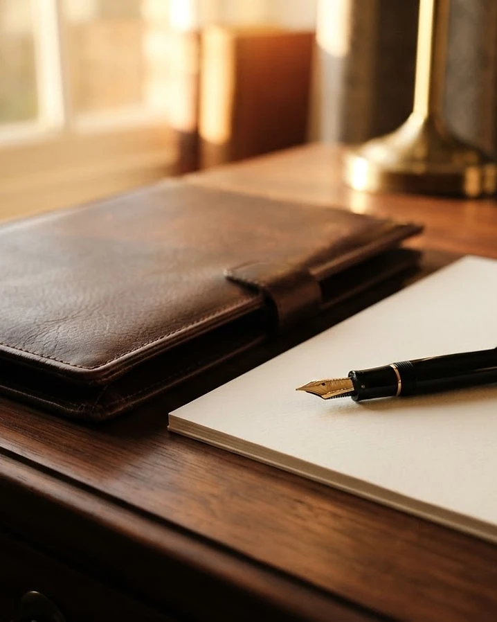 Leather folder and fountain pen on a desk in warm light